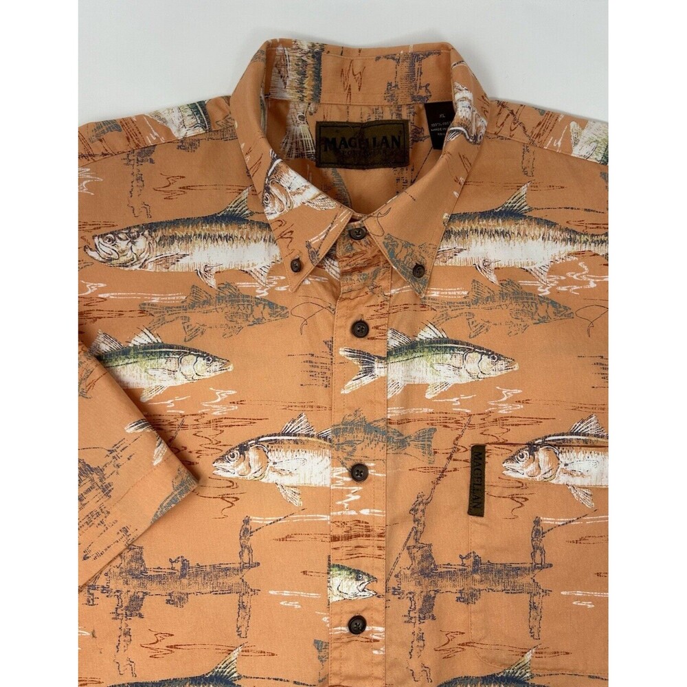 Magellan Sportswear Mens XL Orange Fish & Lure‎ Graphics Button Down Shirt